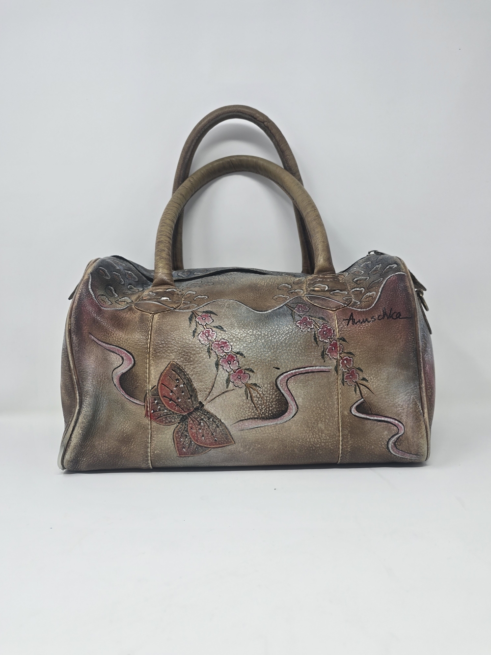 Anuschka Hand-Painted Brown Leather Satchel with Butterfly Detail